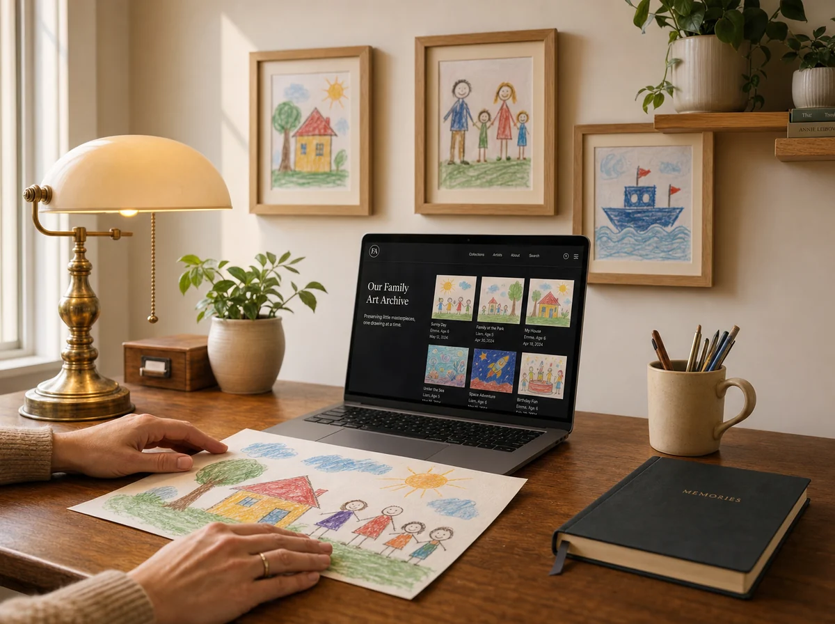 A warm home studio corner with a child's drawing on the table and a laptop showing a family art archive website.