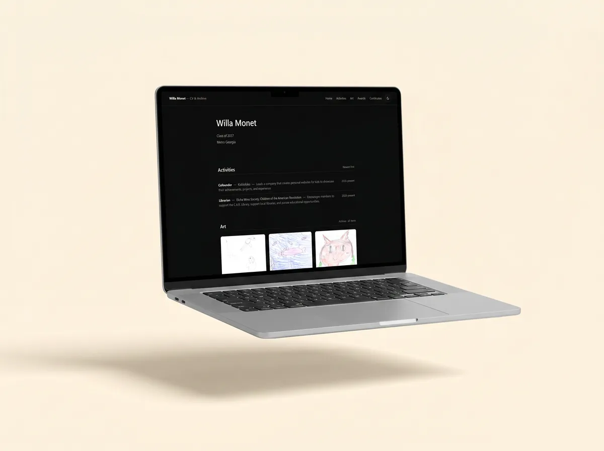 A laptop showing Willa's gallery — a dark, expressive website with framed children's drawings, activities, and awards.