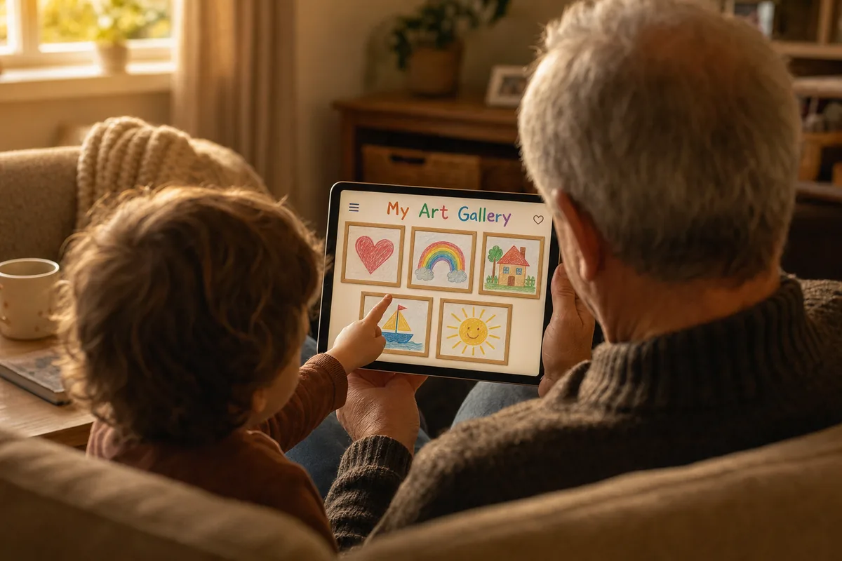A child pointing at their Kiddofolio art gallery on a tablet, sharing it with a grandparent in a warm living room.